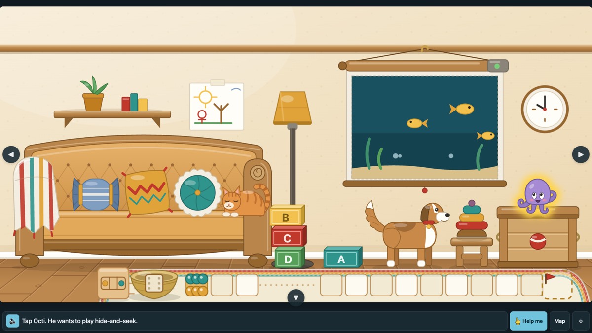 In the Cozy Corner a cat naps on the sofa, a dog stands by, and Octi the octopus glows, ready to play hide-and-seek.