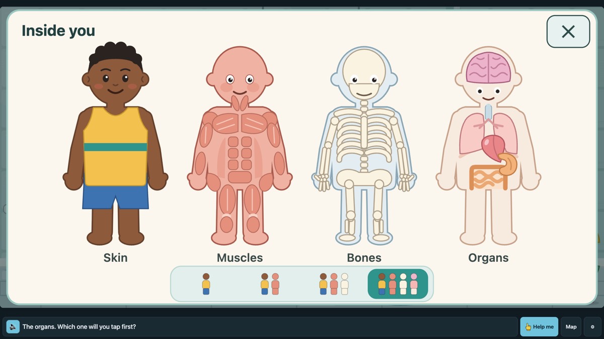 Inside you: the same smiling figure four times, as skin, muscles, bones and organs.