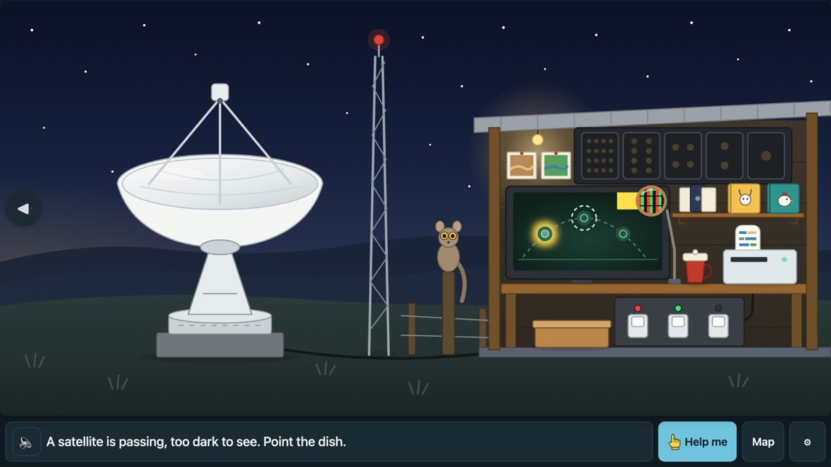 The Observatory at night: a white satellite dish faces the stars, a bushbaby sits on a fence post, and the station's screen tracks a passing satellite.