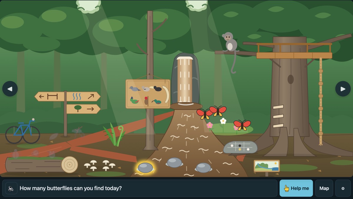 The Park's forest: stepping stones across a stream, butterflies on the flowers, and a monkey on a branch by a treehouse.