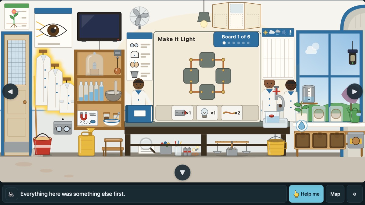 The School's science room: lab coats by the door, jars on the shelves, and a Make it Light board waiting for a battery, a bulb and two wires.