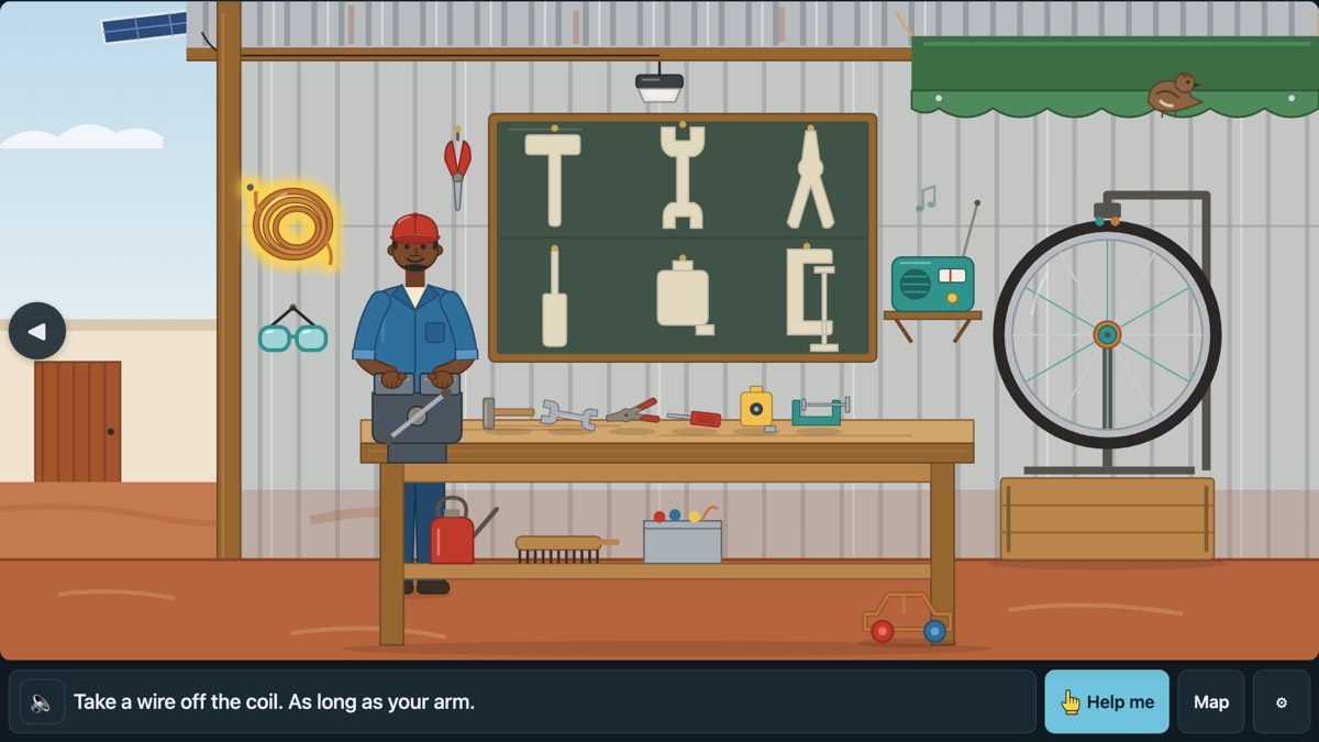 The Workshop: the fundi, in a blue overall and a red cap, stands at his vice, with tools on the board behind him and a bicycle wheel on its stand.